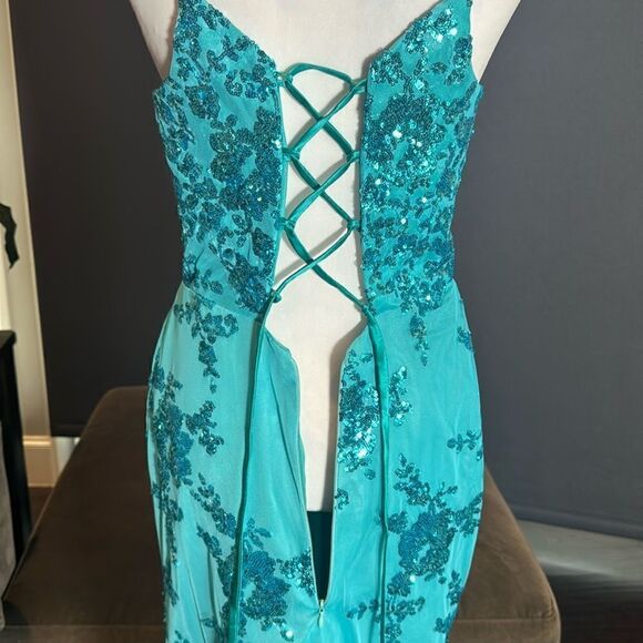 Women’s Blue Mermaid Fit Prom Party Dress Sparkly Sequins Leg Slit Size 2 NEW - Picture 7 of 11